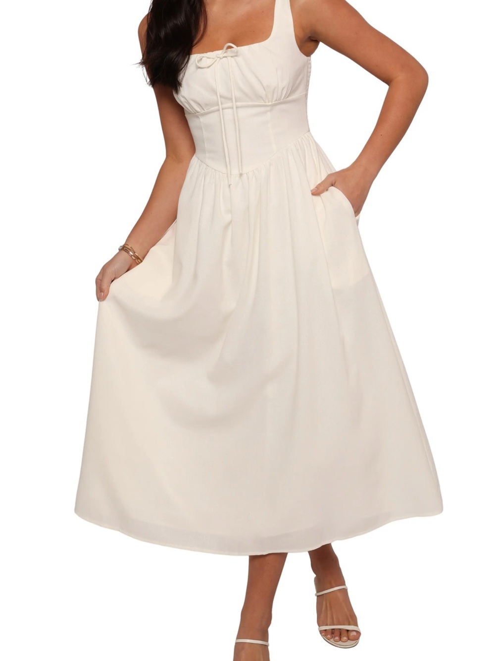 Petal + Pup Women's Cream Sleeveless Midi Dress with Square Neck